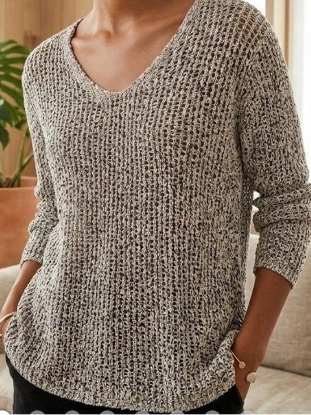 Eileen Fisher Heathered Gray Open-Knit Scoopneck Sweater
